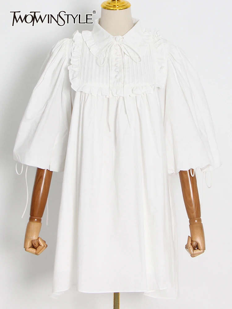 

TWOTWINSTYLE Solid Minimalist Dress For Women Lapel Short Sleeve Loose Mini Dresses Female Summer Clothes Style New 2022 Fashion