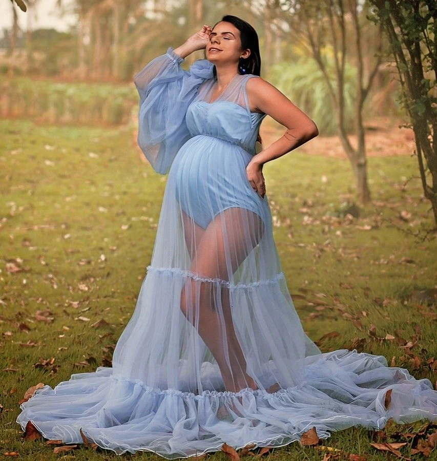 

Sky Blue A Line Tulle Maternity Dresses for Photo Shoot One Long Sleeve Babyshower Party Gowns Sexy Front Split Pregnancy Robes