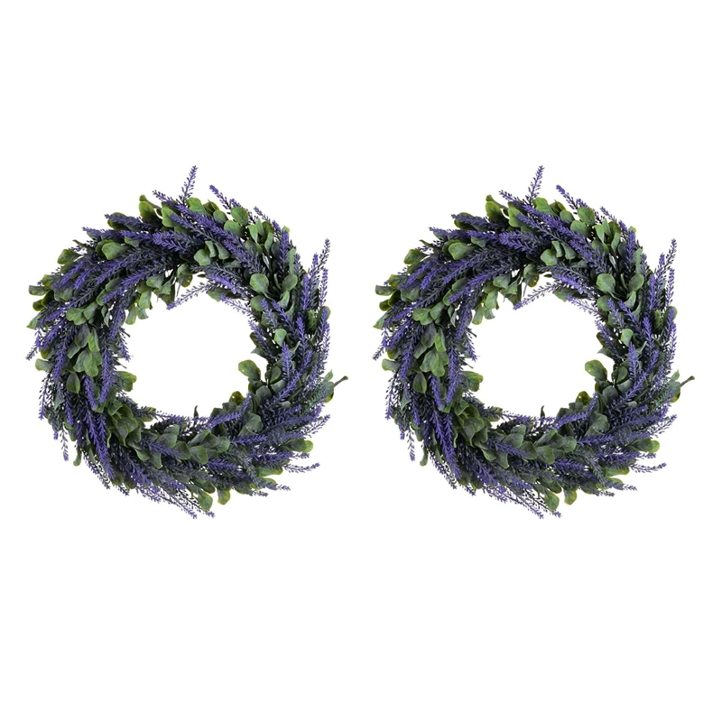 

2X Artificial Wreath, Door Wreath 17 Inch Lavender Spring Wreath Round Wreath For The Front Door, Home Decor