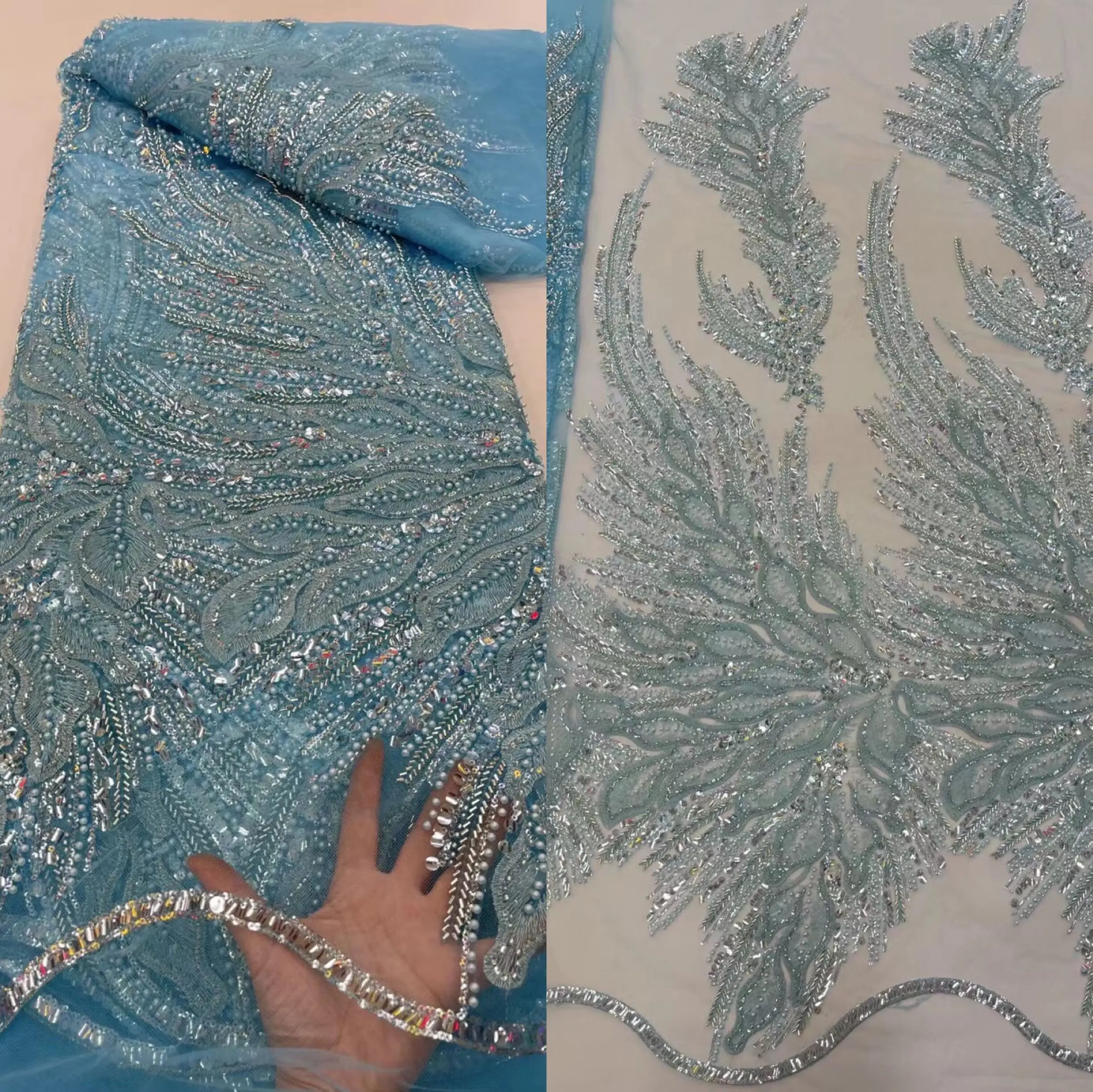 

African Lace Fabric High Quality Lace Embroidered SYJ-12088814 Lace Fabric With Sequins and beads for Party Dress