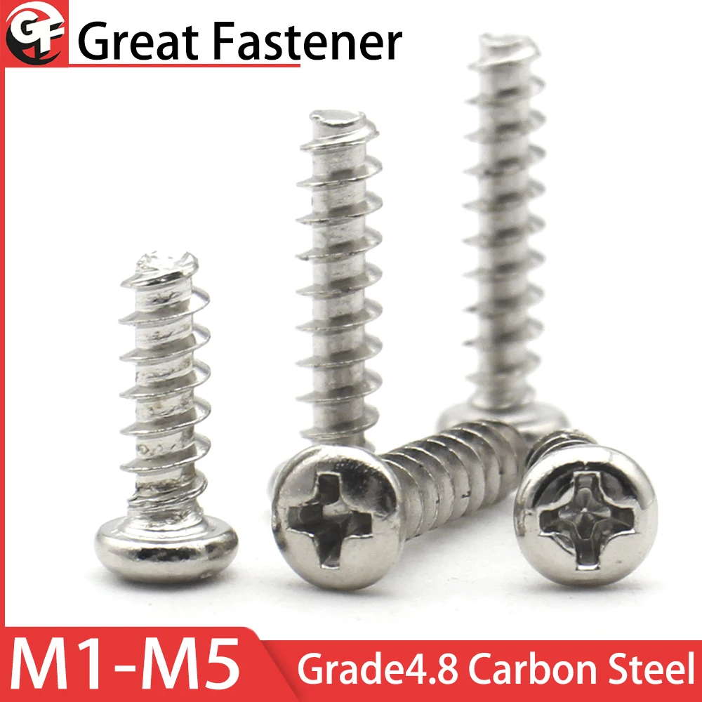 

100 шт. никелированная углеродистая сталь M1 M1.2 M1.4 M1.7 M2 M3 M4 M5 саморезы с крестообразной головкой и плоской хвостовой головкой