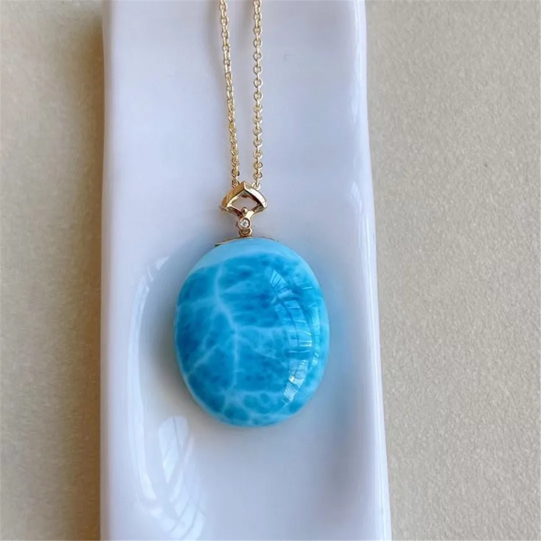 

Natural Larimar Pendant 18K Gold Jewelry For Women Man Gift Crystal 22x18x9mm Beads Dominica Water Pattern Gemstone Stone AAAAA