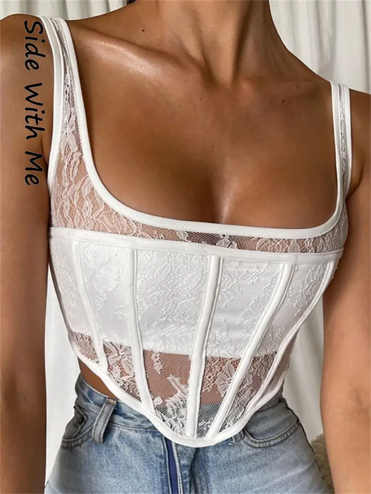 

Side with Me 2022 Summer Lace Sexy Woman Cropped Tank Top Square Collar Backless Party Black White Women's Corset Tops