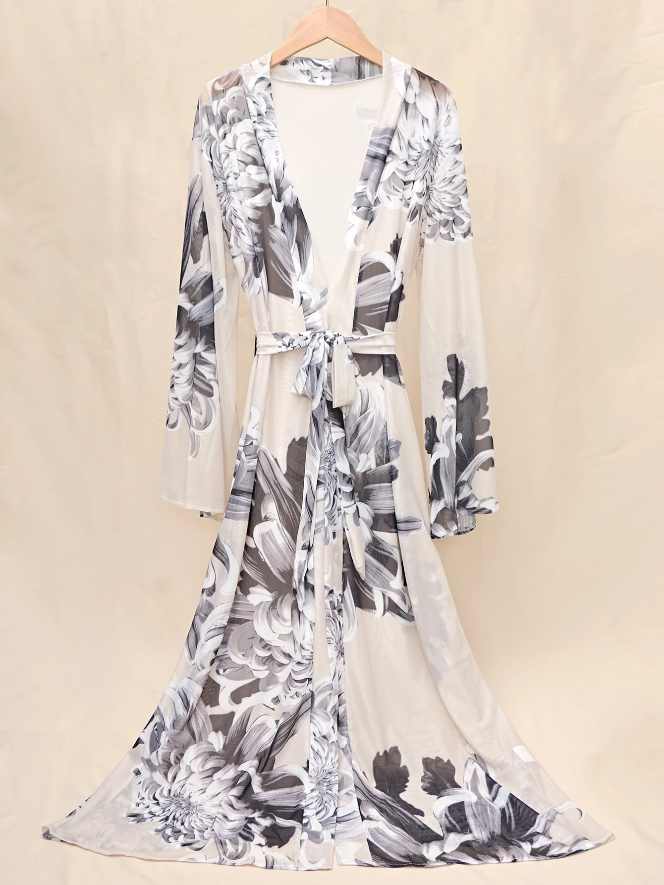 Халат женский сетчатый с принтом и поясом длинное прозрачное нижнее белье для