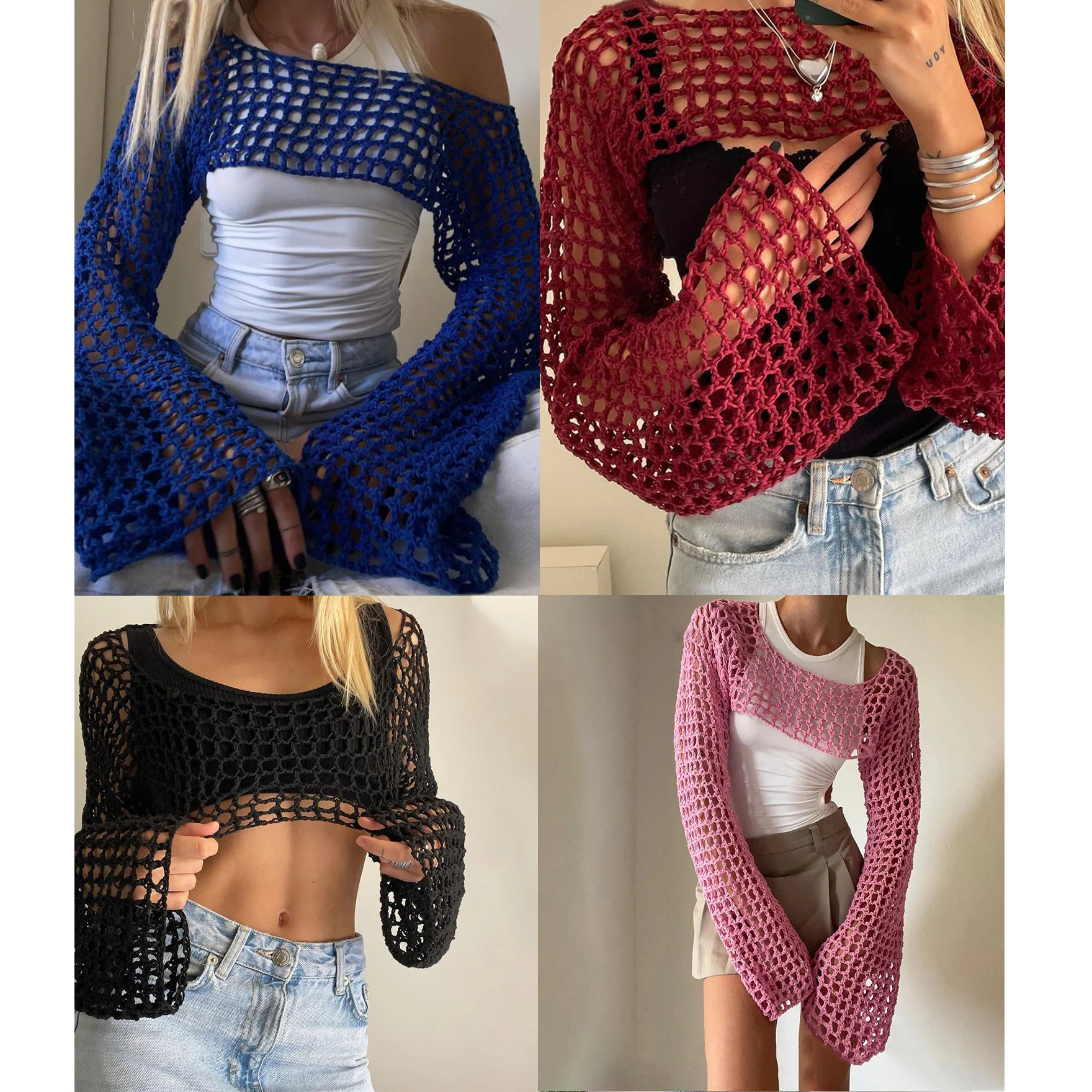 

2023 Summer Y2k Crochet Knit Hollow Out Tops Vintage Mesh Top Grunge Clothes 2000s Aesthetic Mesh Sweatshirt Crop Top for Women