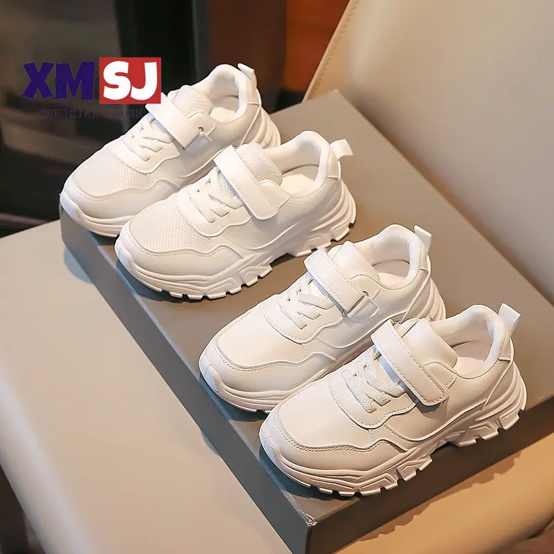 

Children White Sneakers Breathable Air Mesh Leisure Kids Trainers Pu Leather Four Seasons Running 26-36 Boys Girls Casual Shoe