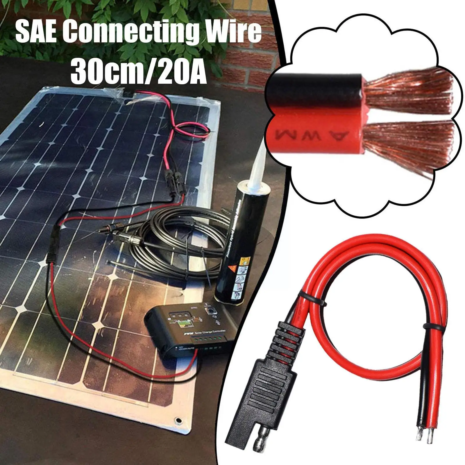 

30cm 20A SAE Connecting Wire Quick Disconnect Cable SAE Power Wire With Waterproof Cover For Solar Panel I7I9