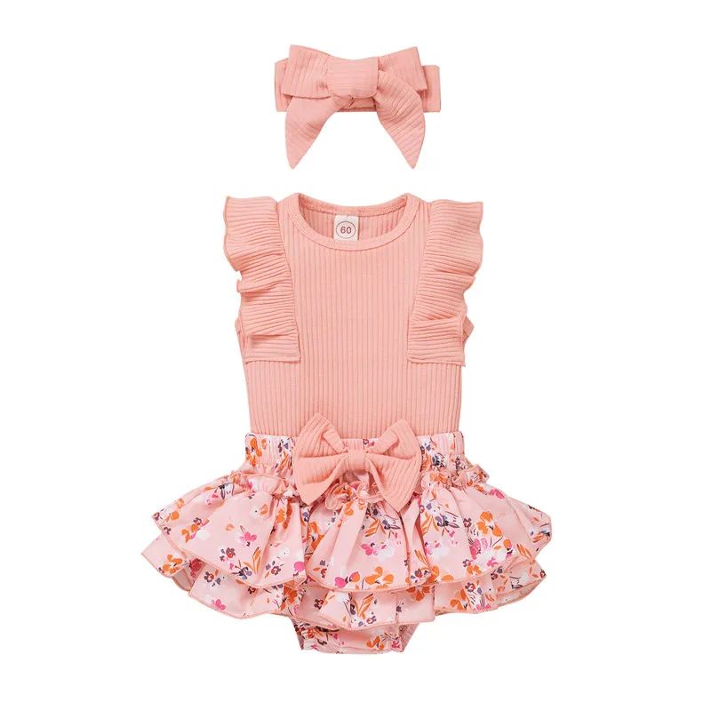 0-24M Children's clothing girls pit strip flying sleeve floral skirt four-color three-piece suit  kids' clothes wear