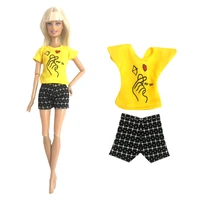 nk official 1 pcs fashion doll clothes everyday casual wear yellow shirt black pants shorts for barbie doll accessorie