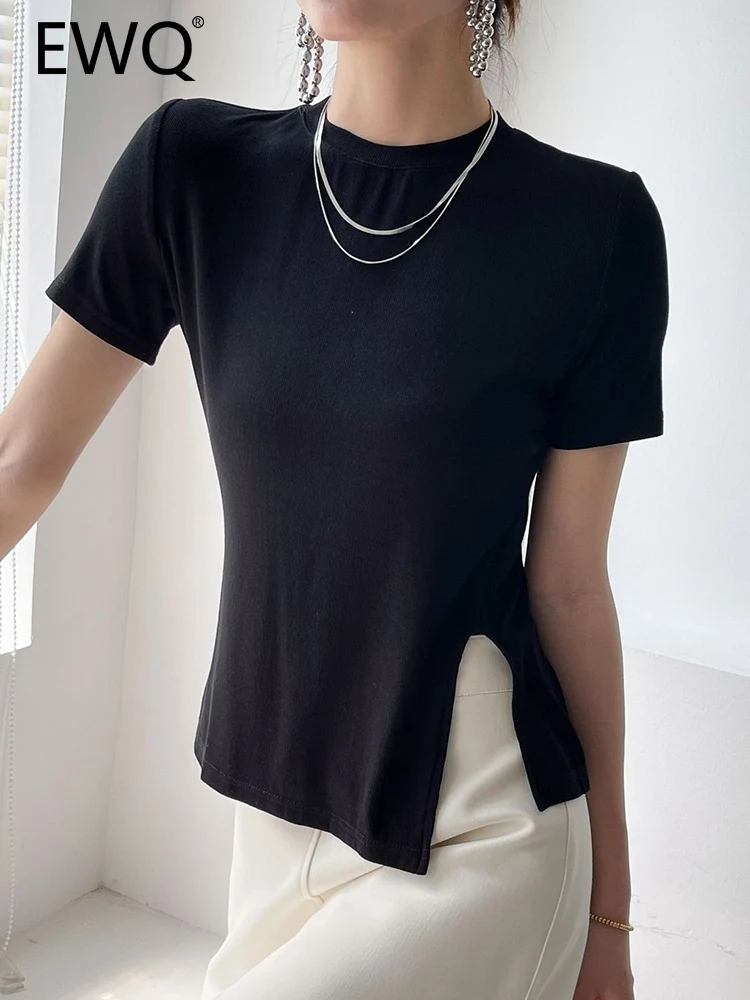 

EWQ Solid Simplicity Cotton Short Sleeve T-shirt For Women Round Neck Split Design Office Lady Tops 2023 Summer New 26D4574