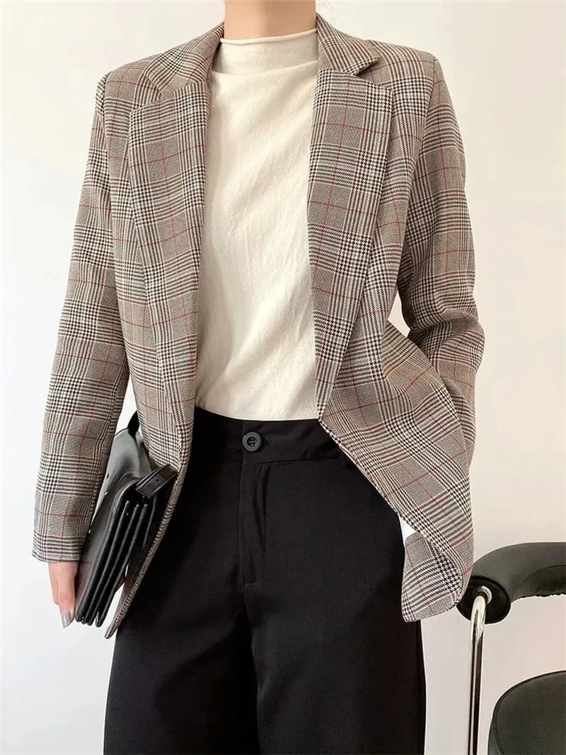 Buttonless Plaid Blazer Suit with Free Sashes 2021 Women Lace Up Office Blazers Fashion New Casual Commute Suit with Free Belt