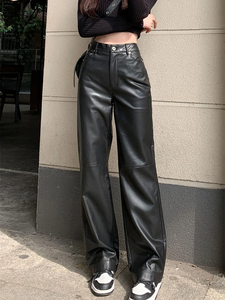 

Jmprs Black Pu Women Pants High Waist Fashion Straight Faux Leather Pants All Match Spring Casual Loose Trousers