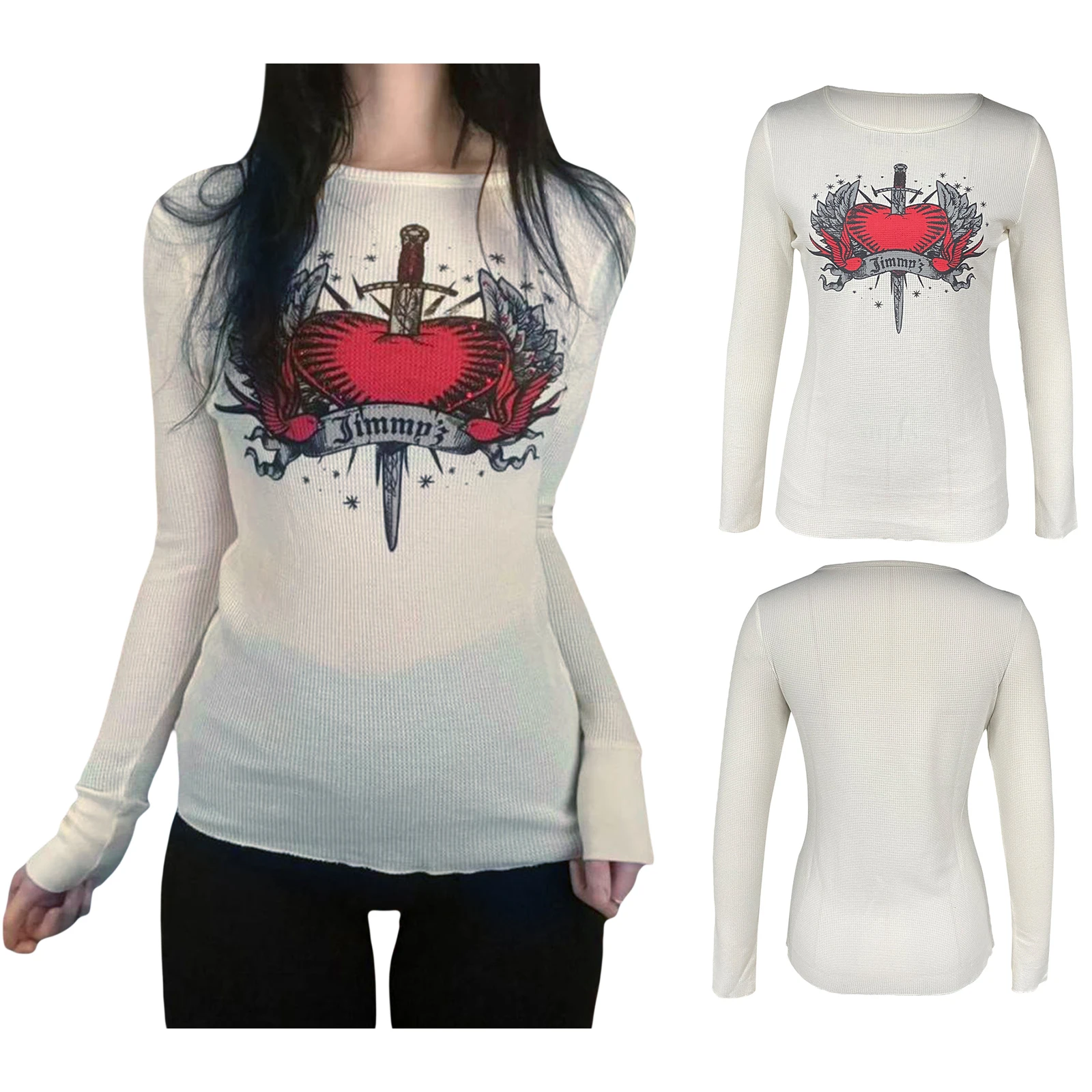 

Spring Autumn Women Long Sleeve T-shirt Round Neck Heart Sword Print Slim Fit Ladies Tops for Casual Daily