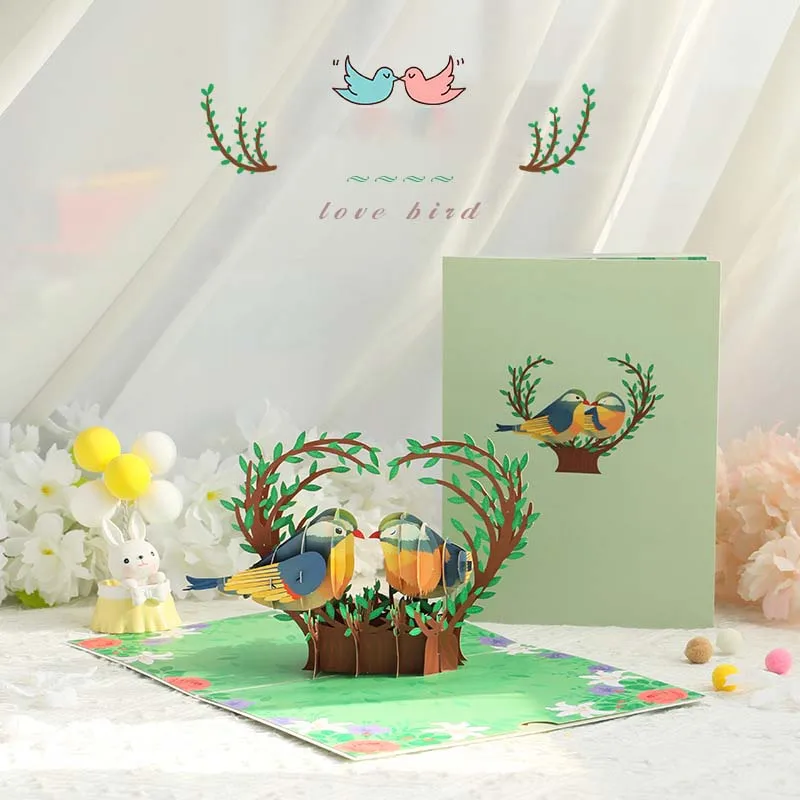 

3D Lovebirds Greeting Card Set Handwriting Blessing Card Supplies for Wedding Birthday Children Kid Boy Girls