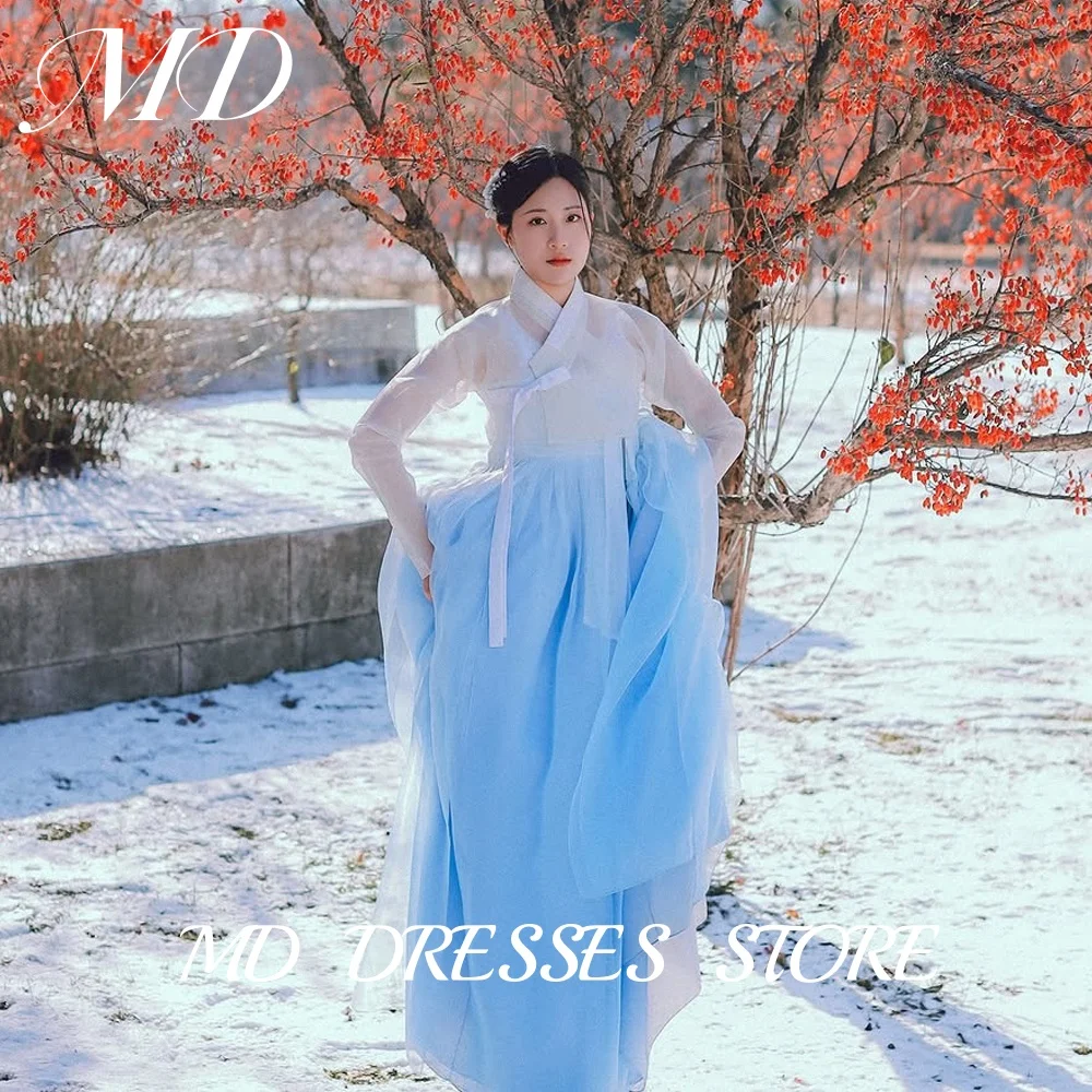 MD Baby blue A Line Hanbok Свадебные платья с длинным рукавом и v-образным вырезом Корейские