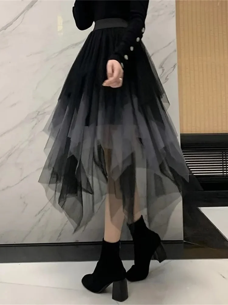 

2023 New Gothic Black Grey Mesh Long Skirts Fashion Women Multilayer Irregular Dark Aesthetic Fairy Grunge Midi Skirts Punk Emo