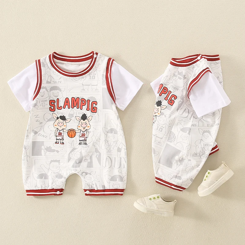 

Summer Basketball Pig Sports Wind Cartoon Cute Bag Fart Ha Yi Jumpsuit Baby Onesie Climbing Suit