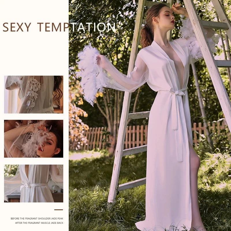 Embroidery Flower Robe Satin Women Sleepwear With Lace Sleeve&Feather Sexy Patchwork Bathrobe Kimono Wedding Gown Long Lingerie