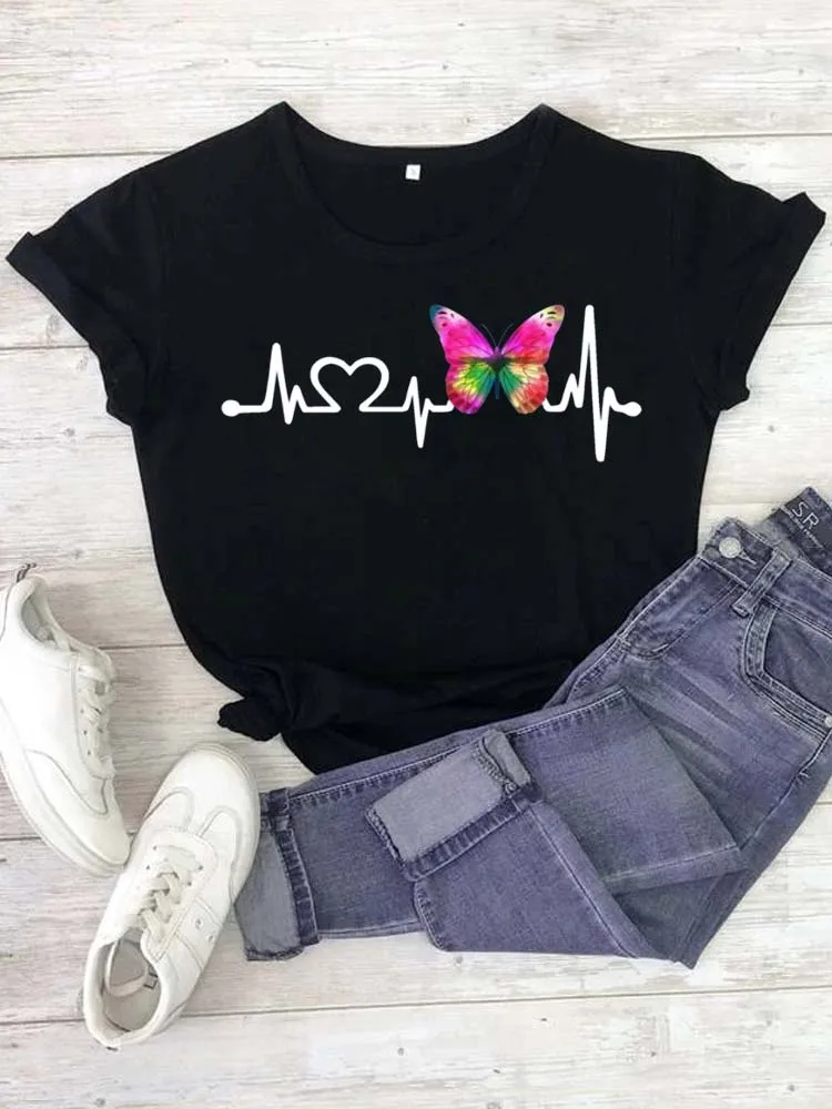 

Maycaur Women Lady Cartoon Butterfly Heartbeat Printed T Shirt Summer Female Clothes Tshirt Womens Top Graphic Tops Tees