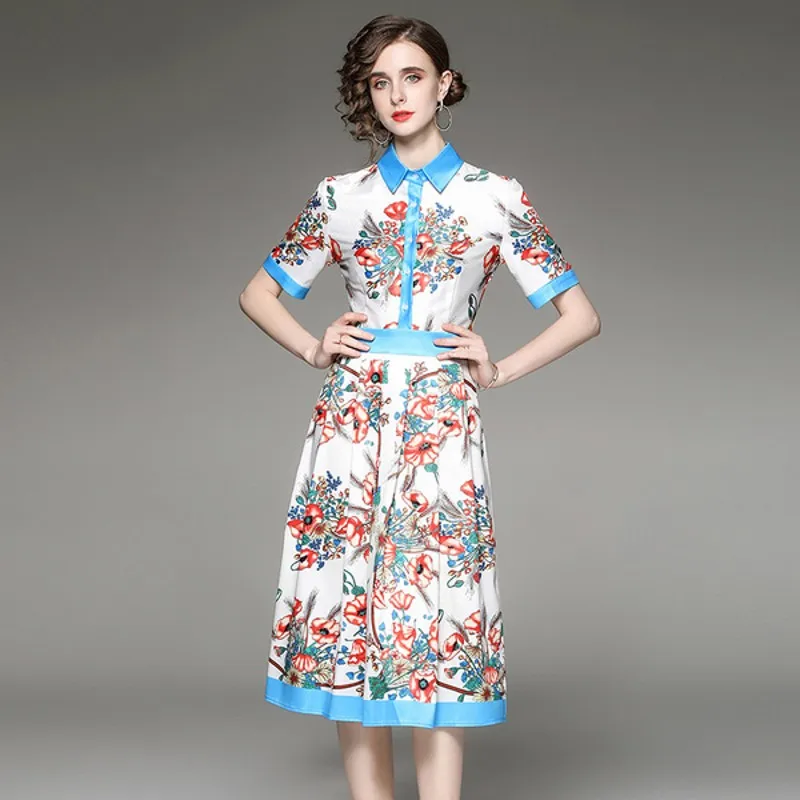 

2022 Summer Fashion Casual Women Positioning Printing Turn Down Collar Short-Sleeved Dress