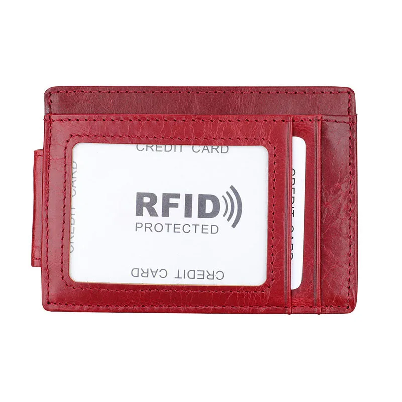 Slim Mini Men's Genuine Leather Money Clip Wallet with Magnetic Clamp Small RFID Card Holder Wallet Red Money Clips for Women images - 6