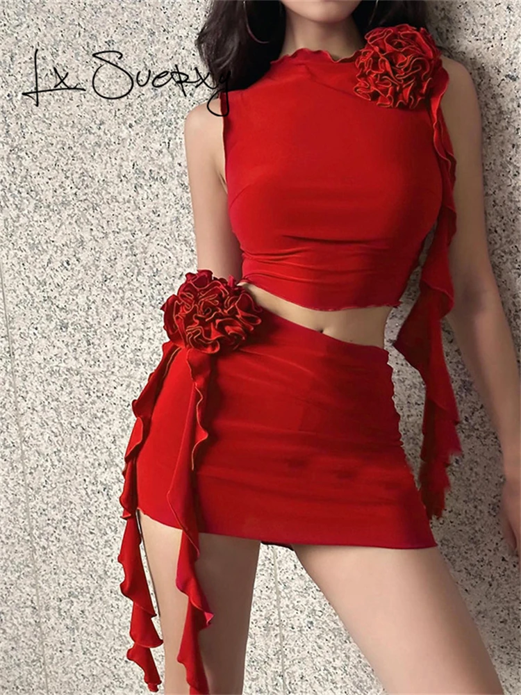 

Lx Suerxy Y2k Off Shoulder Sexy Flower O Neck 2 Piece Women Skirt Sets Summer Fashion Streetwear Women Mini Bodycon Dresses