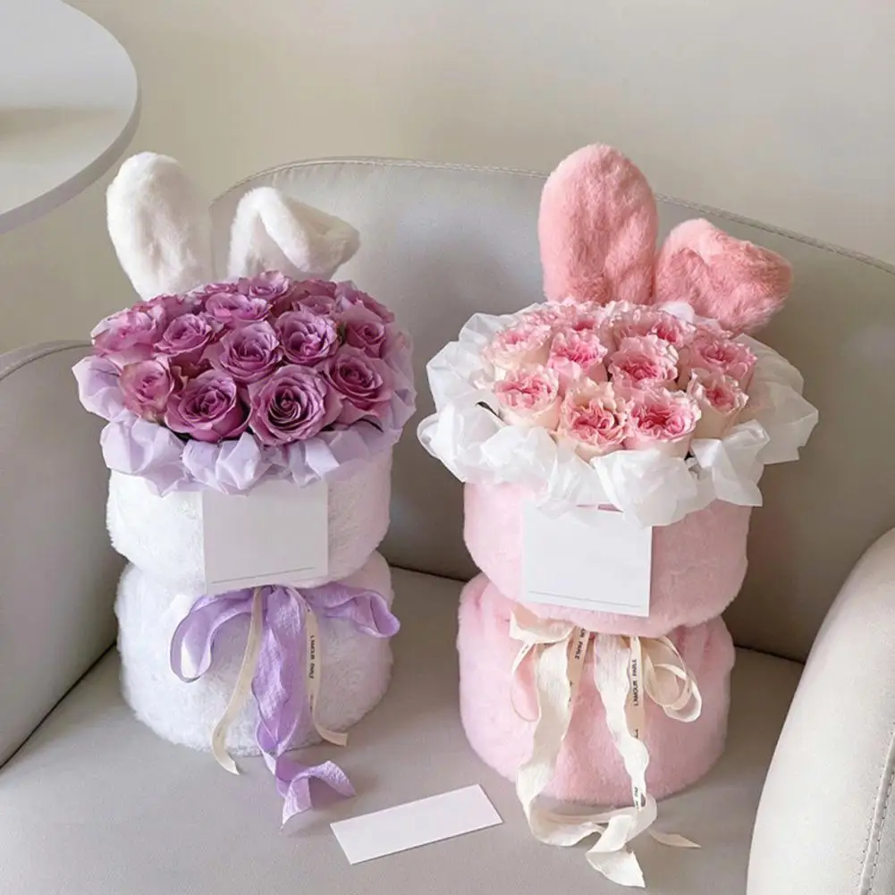 

Ins Style Plush Rabbit Ears Flower Bouquet Material Bag Valentine Day Flower Packing Bucket Wedding Hand Flower Packing Bucket