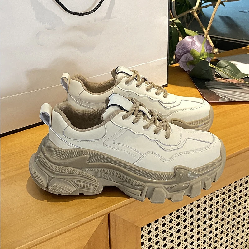 

Women Spring Cowhide Leather Sneakers New 2022 High Platform Casual Dad Shoes Comfortable Outdoor Shoes Chunky Sneakers
