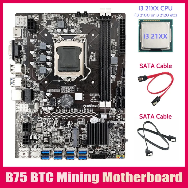 

B75 ETH Mining Motherboard 8XPCIE USB Adapter+I3 21XX CPU+2XSATA Cable LGA1155 MSATA B75 USB Miner Motherboard