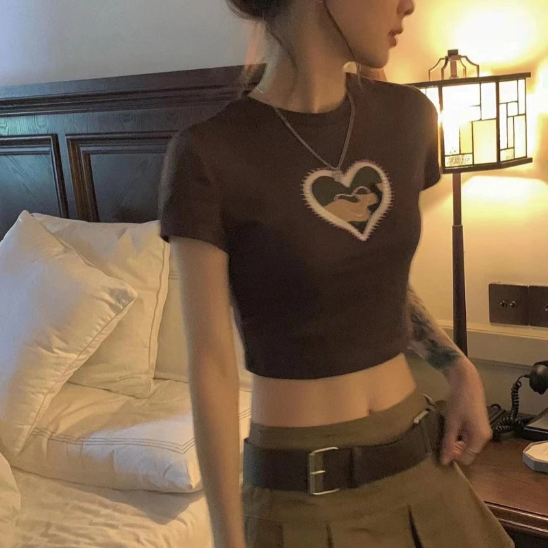 

2023 Summer New Women T-shirt Love Short-sleeved T-shirt American Hot Girls Slim Thin Versatile Casual Navel Short Tops Female