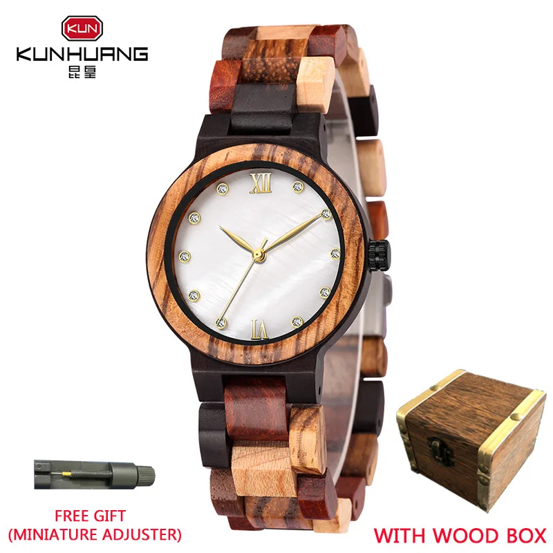

Роскошные женские кварцевые часы KUNHUANG из натурального дерева, модные часы с перламутровым циферблатом, часы с деревянной подарочной коробк...