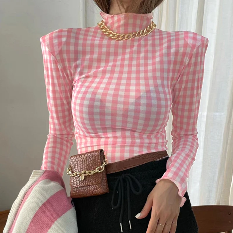 

2022 Spring New Fashion Women T Shirts Turtleneck Long Sleeve Skinny T-Shirt Tees Femme Plaid Casual Ruffles Sexy Tops Female