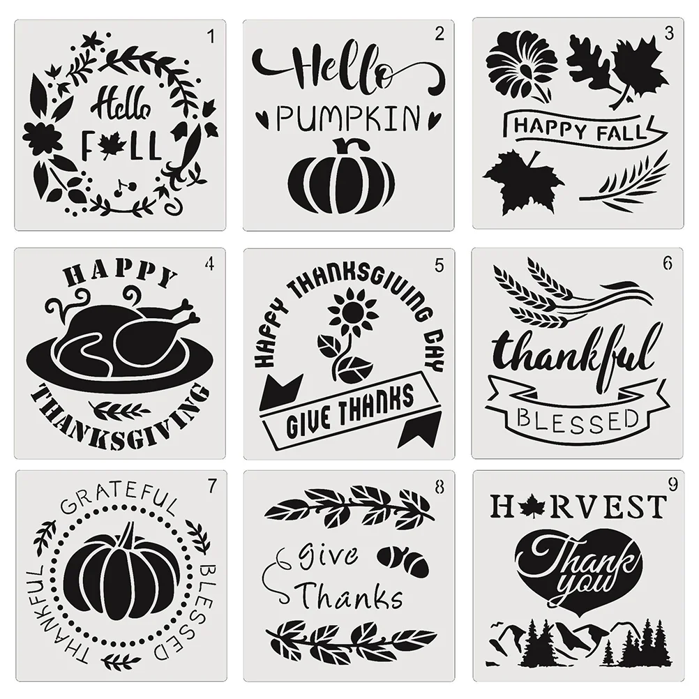 

9 Pcs Thanksgiving Hollow Out Mold Fall Painting Template Crafts Stencils Plastic Pet DIY Drawing Templates