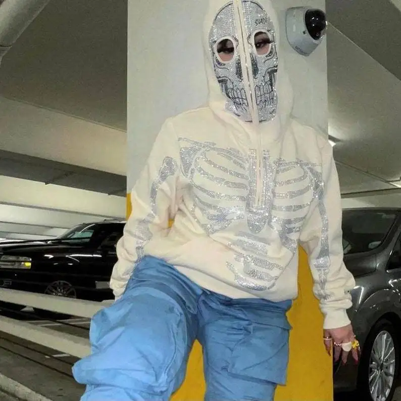 

Skeleton Oversized Full Zip Up Over Face Y2k Embroidery Hoodies Women Trend Print Grunge Zip Up Outwear Print Cotton Hoody Trend