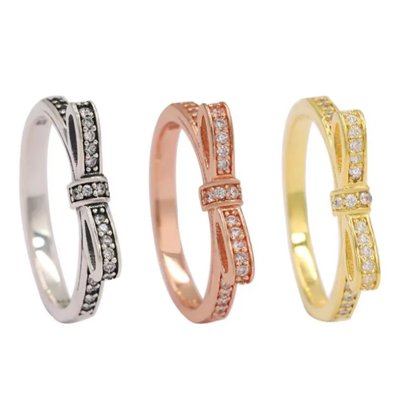 

Authentic 925 Sterling Silver pan Ring Fine SParkling Bow With Crystal Rings For Women Wedding Party Gift Fine Jewelry