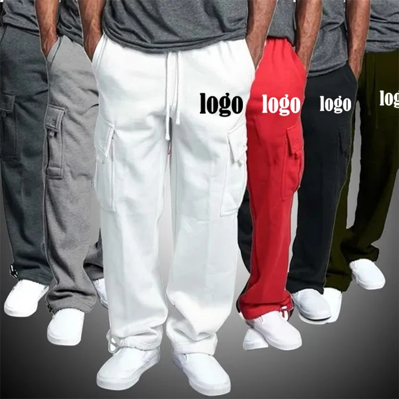 Custom LOGO Men Cargo Pants Sliod Casual Sports Trousers Bottoms Gyms Jogger Track Pants Drawstring Streetwear Male Jogging Pant images - 6