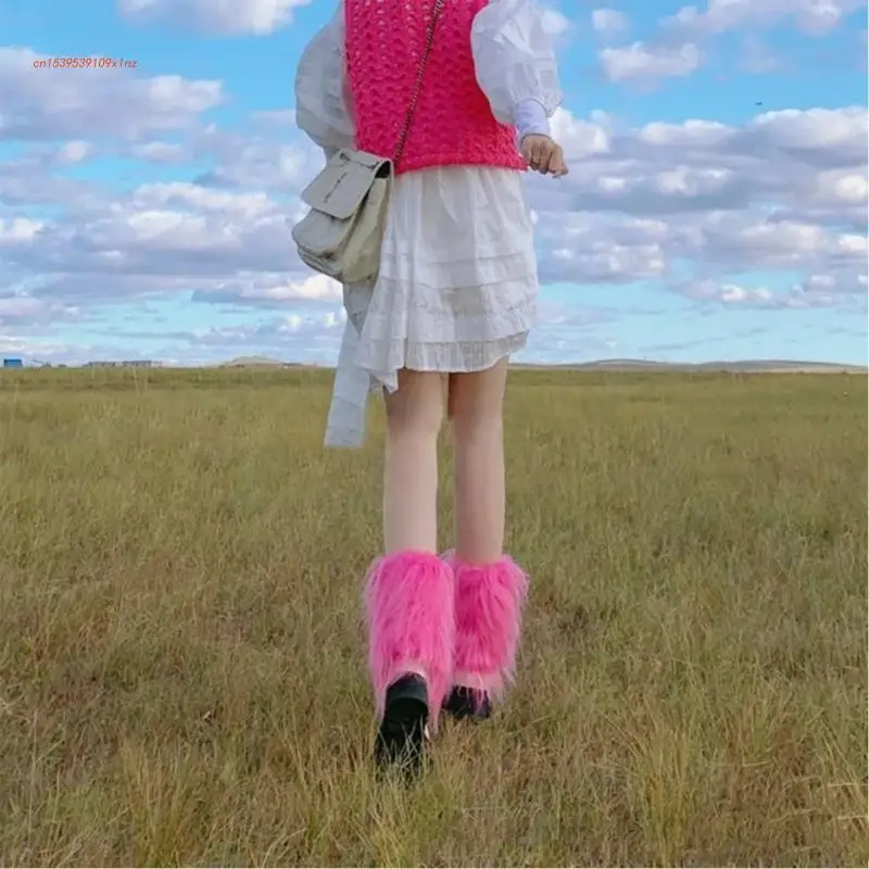 

Women Winter Furry Leg Warmers Harajuku Gothic Rose Red Faux Fur Leggings Cover