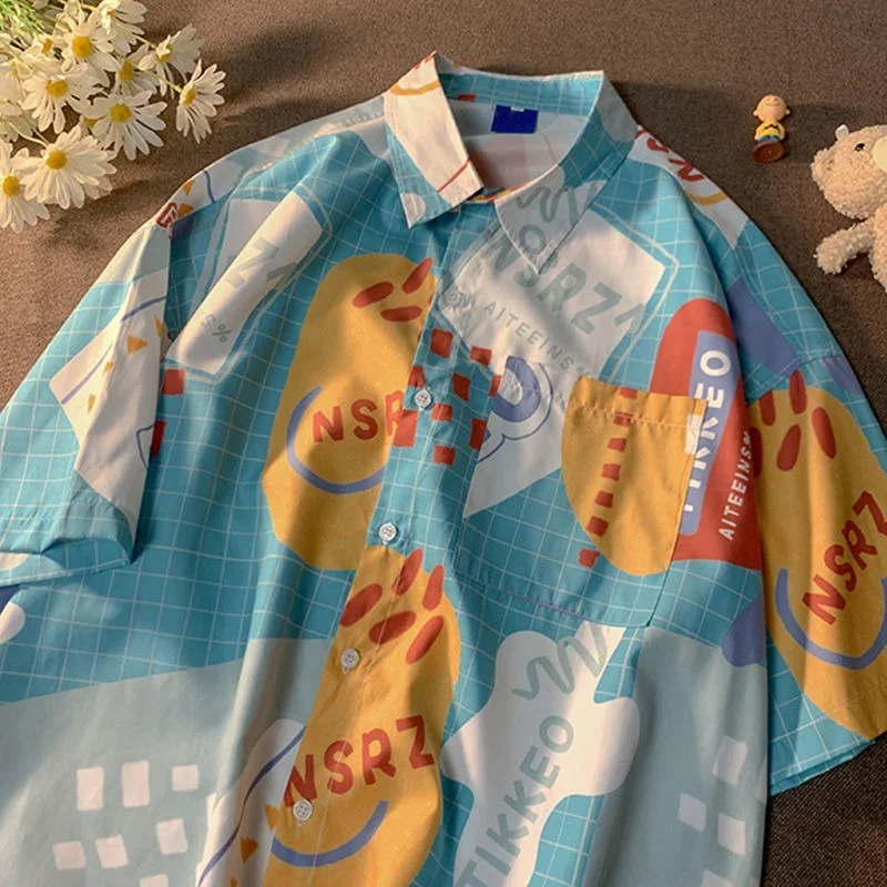 

Японские летние женские рубашки с коротким рукавом, Свободная Повседневная рубашка, рубашка оверсайз на пуговицах, блузки с принтом Гавайс...