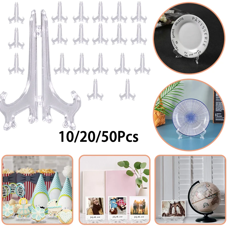 10/20/50Pcs Clear Plastic Easels Plate Holders Creative Pictures Display Stand for Home Weddings Birthdays Party Table Decor