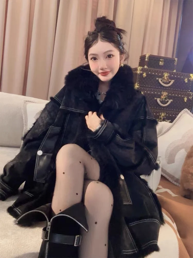 2023 Autumn and Winter Versatile Slimming Coat Fashion Casual Loose Fleece-lined Thick Warm Furry Patchwork Outerwear Women