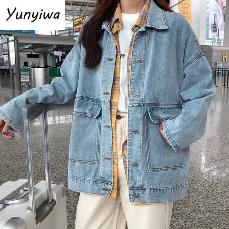 

Denim Jackets Women Solid Pockets Turn-down Collar Leisure Chic Daily Outwear Coats All-match Strtwear BF Retro Harajuku New