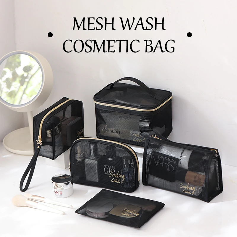 

1PC Black Mesh Cosmetic Bag Small Large Makeup Bags Zipper Pouch For Offices Travel Storage Bags Toiletry Bags Makeup Pouch