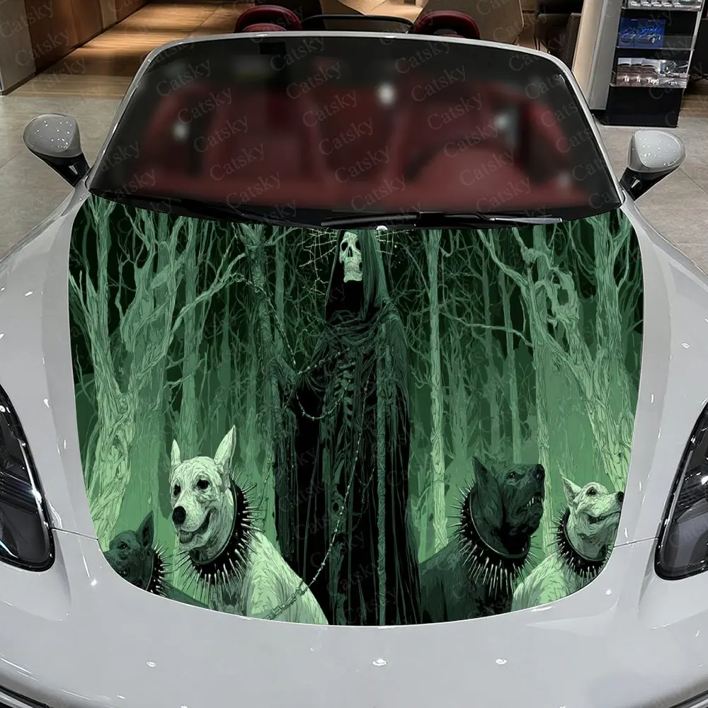 Фото Eerie Forest Green Reaper & Hounds наклейки на капот автомобиля, автомобильные наклейки с декоративным рисунком, самоклеящаяся устойчивая к царапинам палочка для автомобиля №3