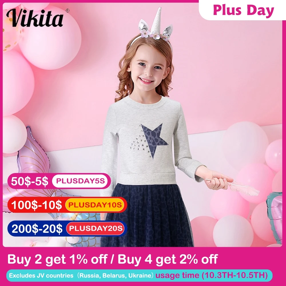 VIKITA Girls Autumn Winter Dress Children Star Clothes Birthday Party Tulle Dresses Kids Girl Casual Vestidos Girl Sweater Dress