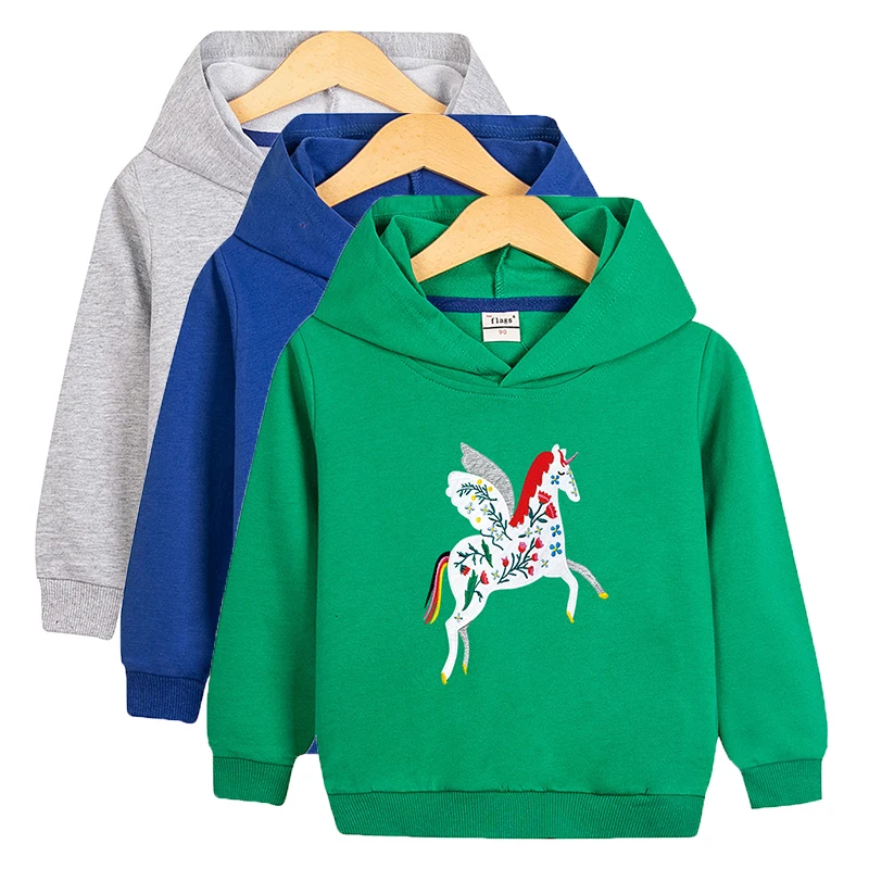 Flower Embroidery Sweatshirts Girls Unicorn Hoodies Spring Autumn Kids Cartoon Pullouver 2-10 Years Sports Top  Children Clothes