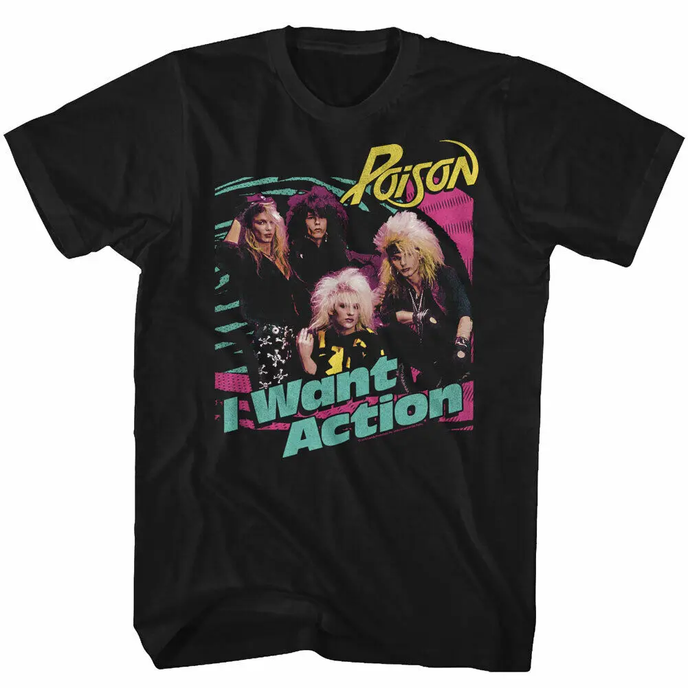 

Poison Bright Action T Shirt Mens Licensed Rock N Roll Band Tee Retro New Black