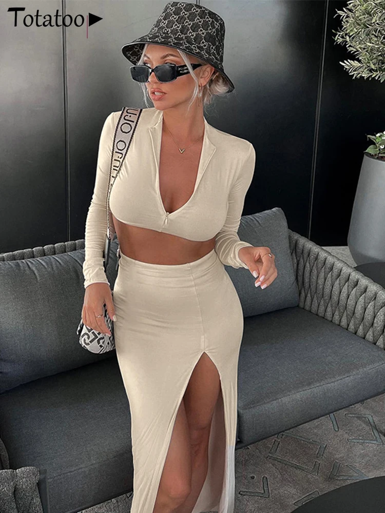 

Totatoop Fashion High Split Dress Set Zip Up Long Sleeve Crop Top And Long Skirt Women's Set Co-ord Autumn Matching Set Clothes