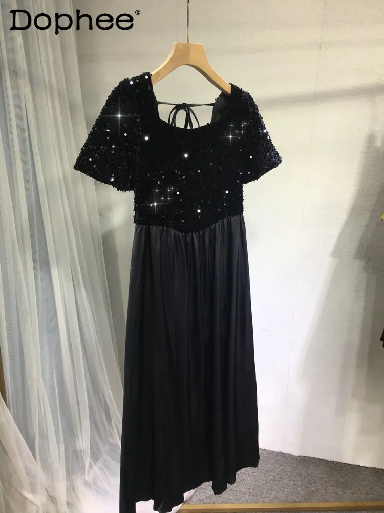 Heavy Industry French Style Black Paillette Shiny Dress Women's Summer High Waist Slimming Short Sleeve Dress Socialite Banquet