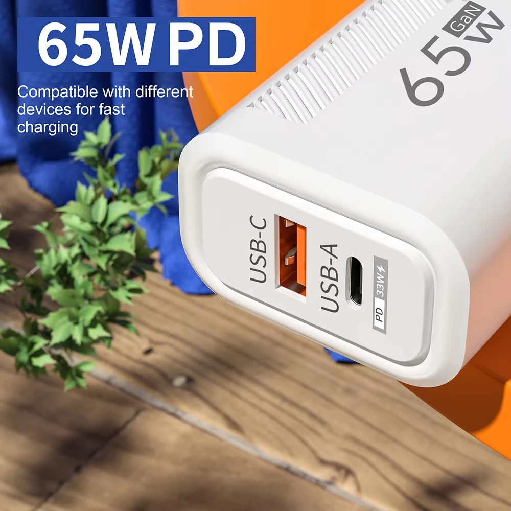 [GaN Tech] APD-180 65 Вт 2-портовое зарядное устройство USB PD USB-A + USB-C QC3.0 Настенное для
