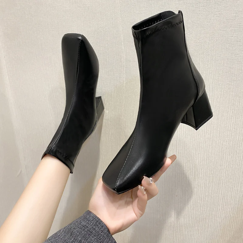 

5cm Heel Women Autumn Ankle Boots Square High Heels Female Round Toe PU Leather Boots Ladies Casual Slip on Woman Shoes